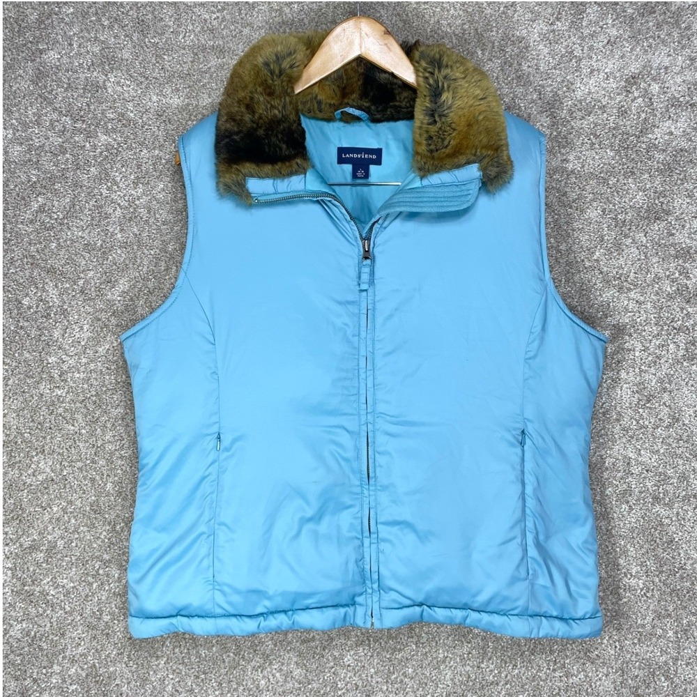 Lands' End Goose Down Puffer Vest Jacket Womens L Blue Faux Fur Gorpcore Layer